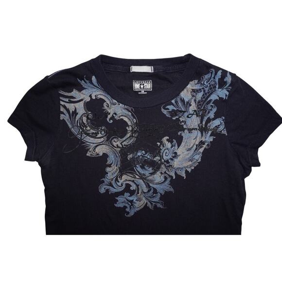 Y2K Converse One Star Baroque Graphic T-Shirt  XS – Black & Blue Scroll Print - Picture 2 of 3